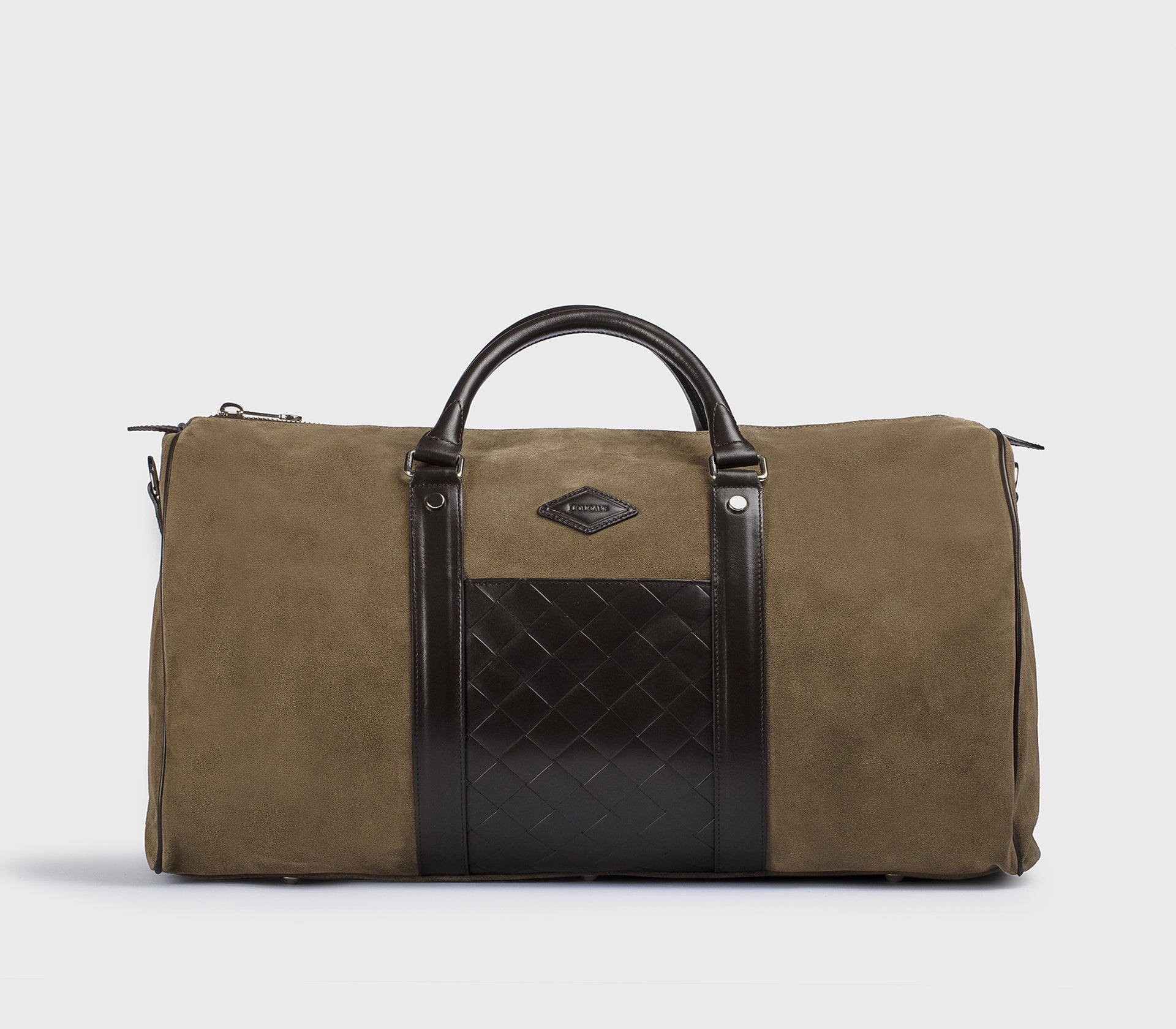 Cocoa-coloured suede weekend holdall with black matelassé detailing