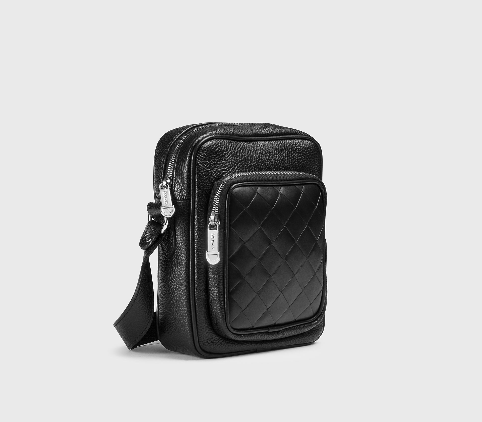 Tumbled leather crossbody bag with black matelassé detailing