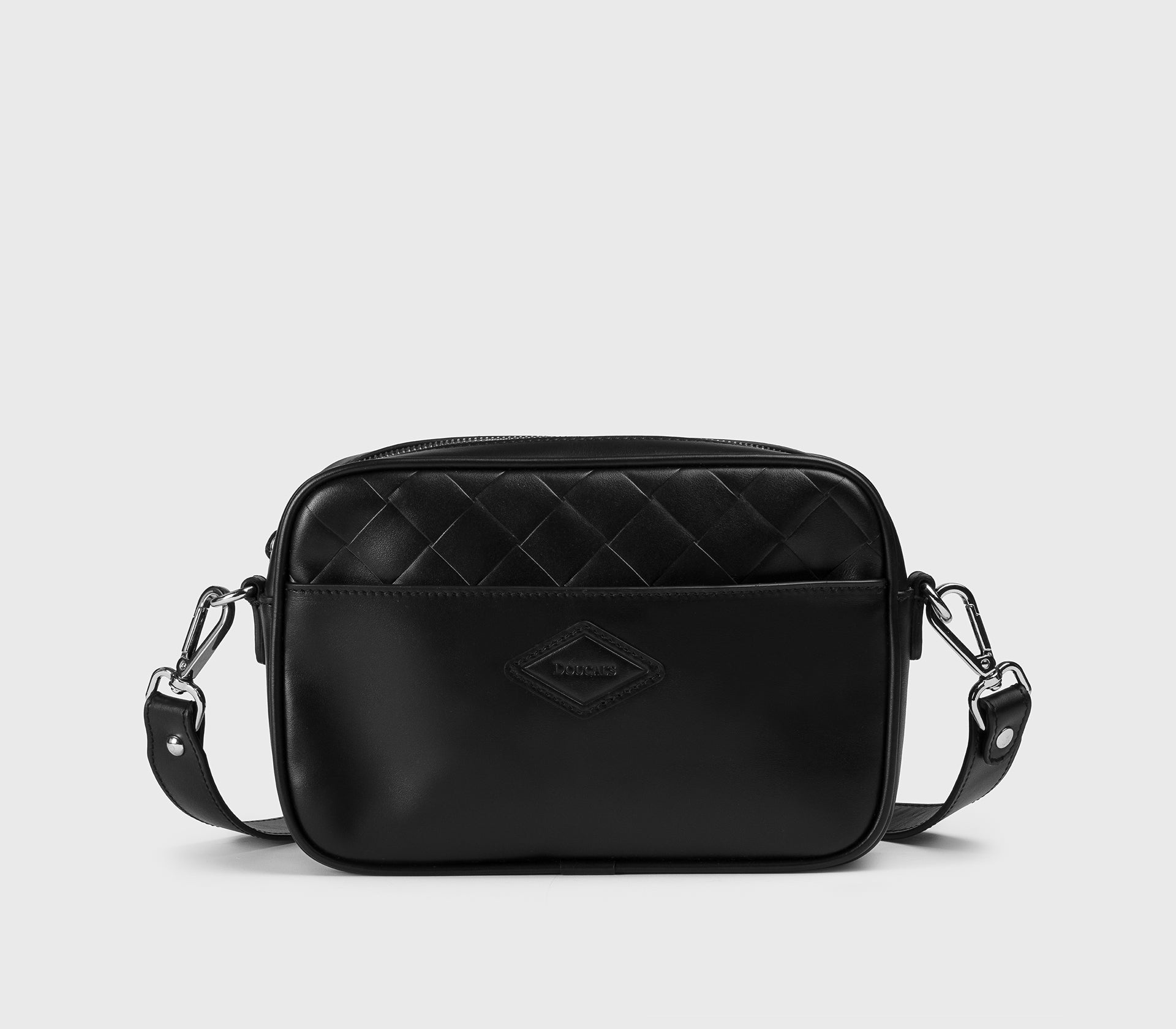 Black leather messenger bag with matelassé detailing