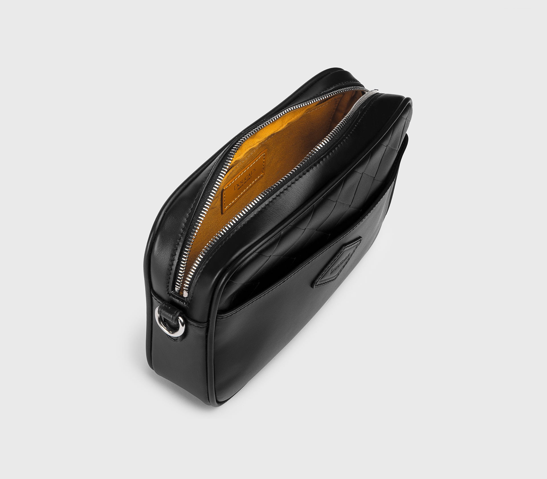 Black leather messenger bag with matelassé detailing