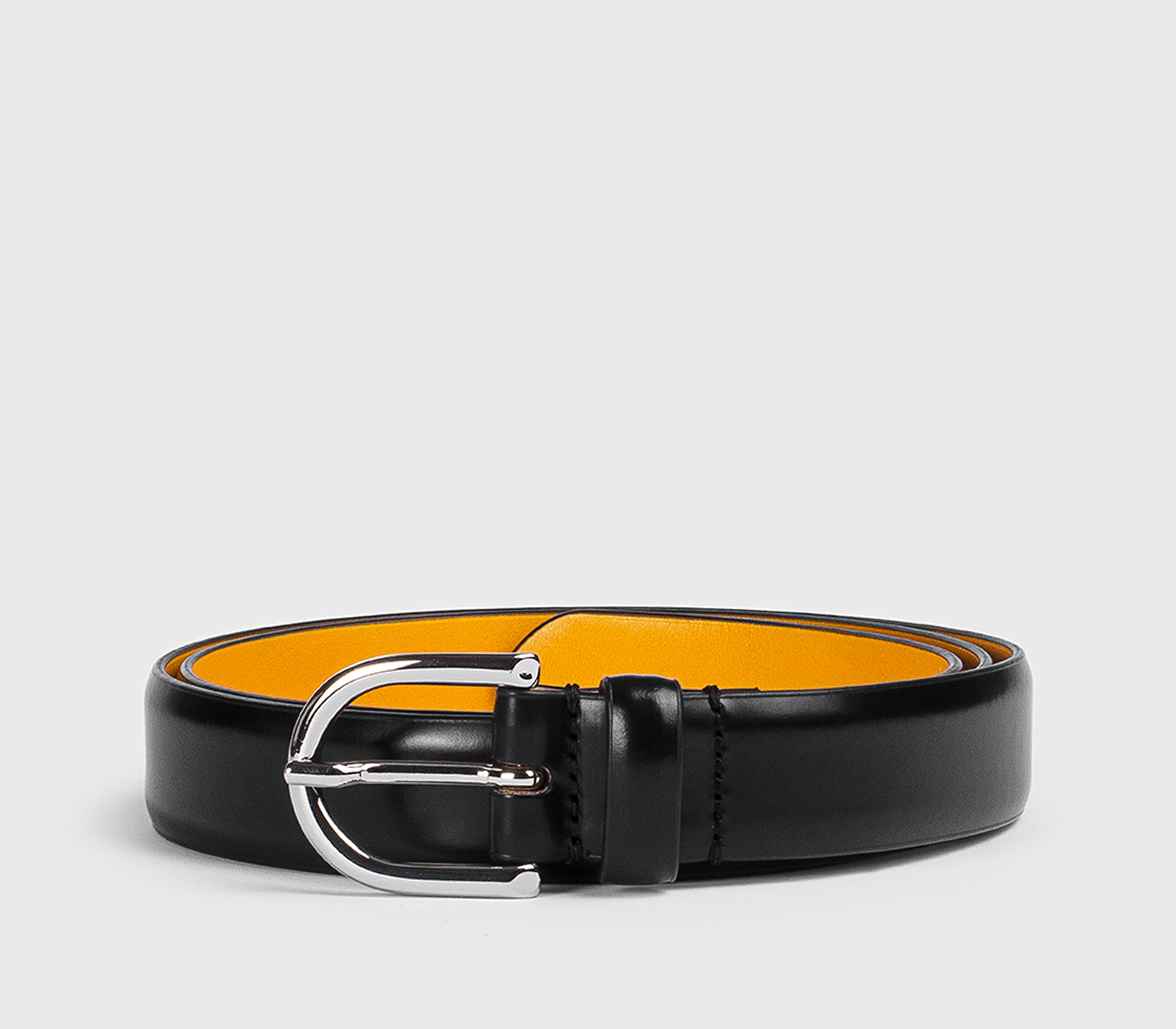 Black leather belt with “D” buckle