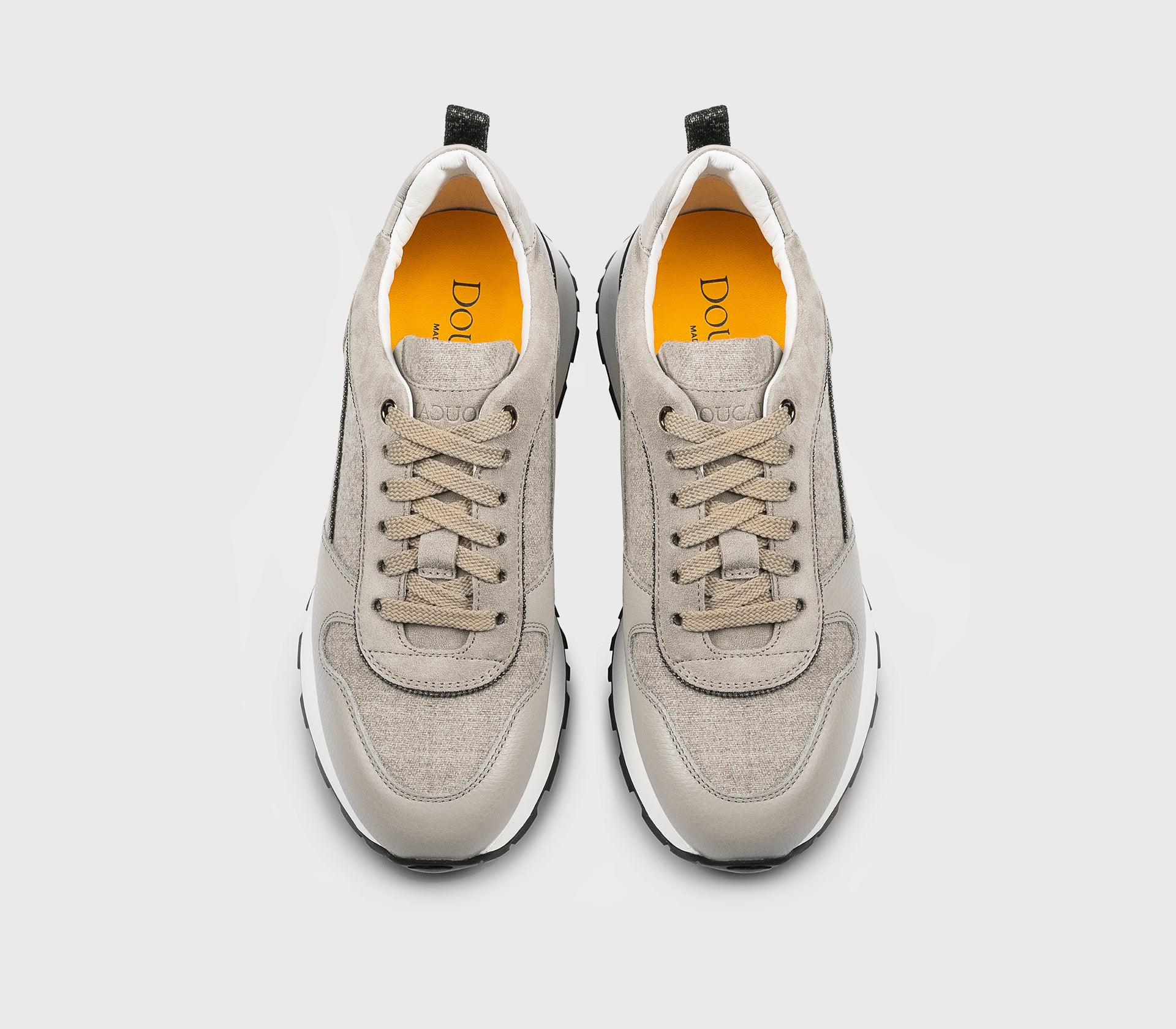 Sand-coloured leather and fabric sneakers