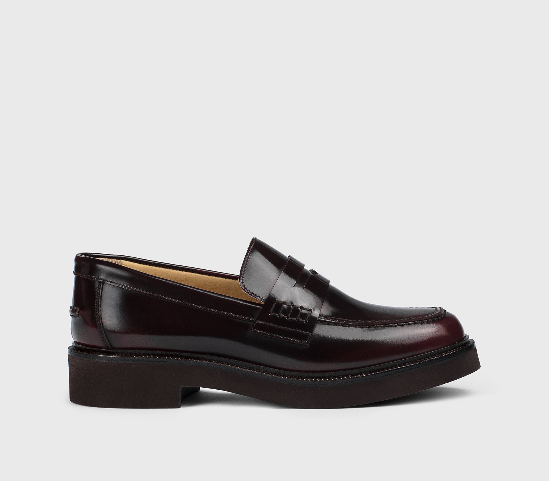 Burgundy leather loafer.