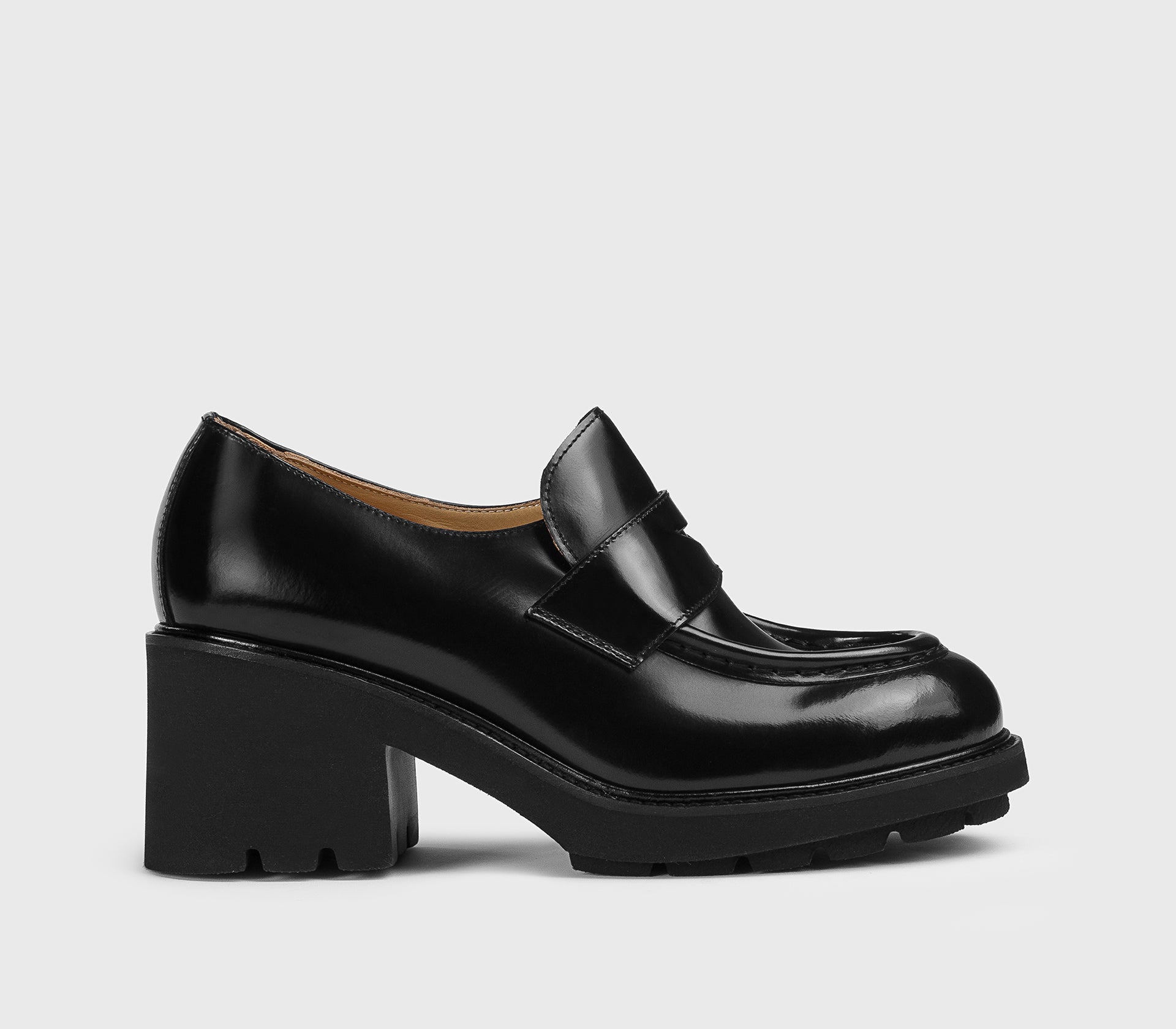 Black leather heeled loafer