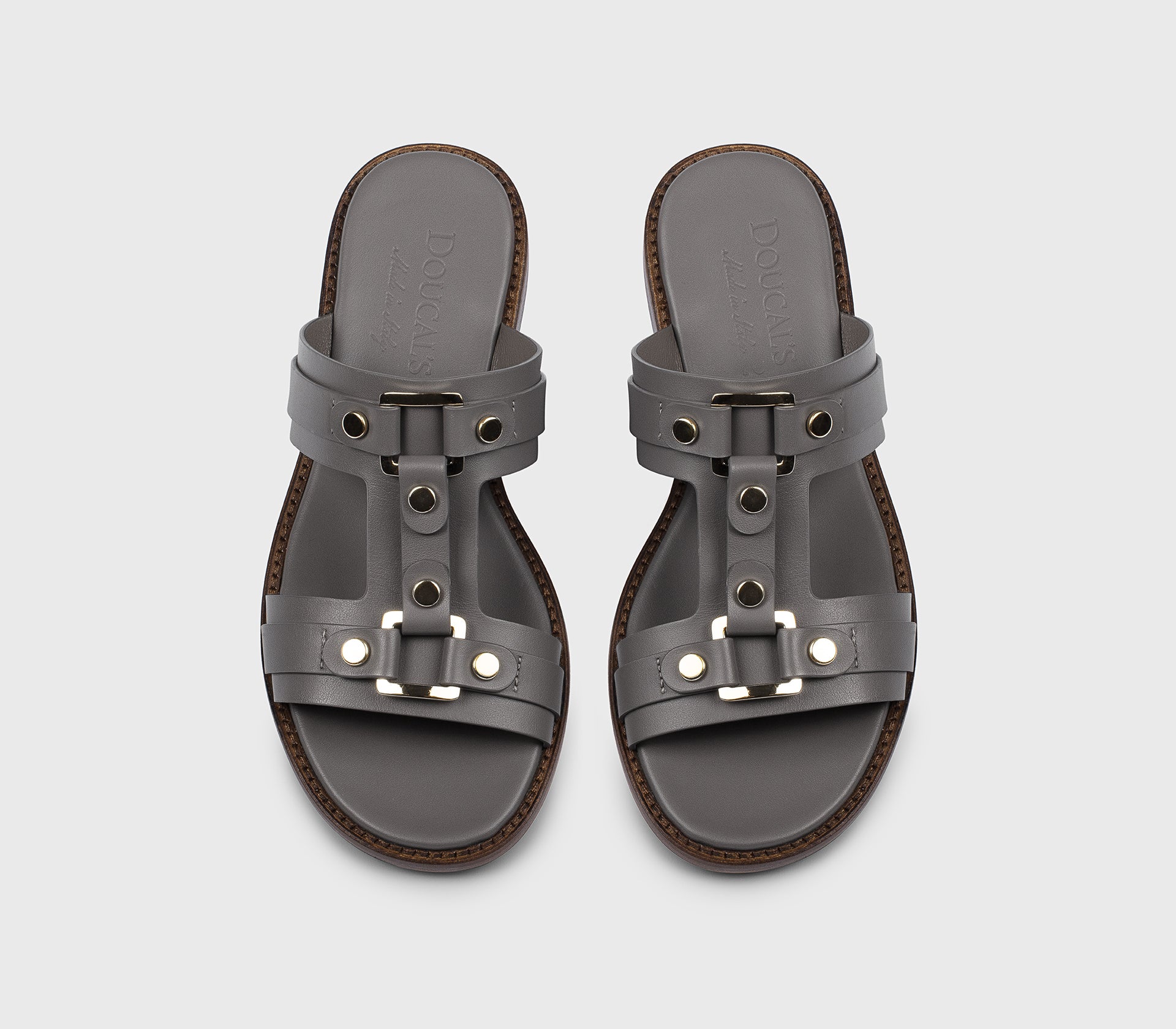 Grey leather sandal with metal details