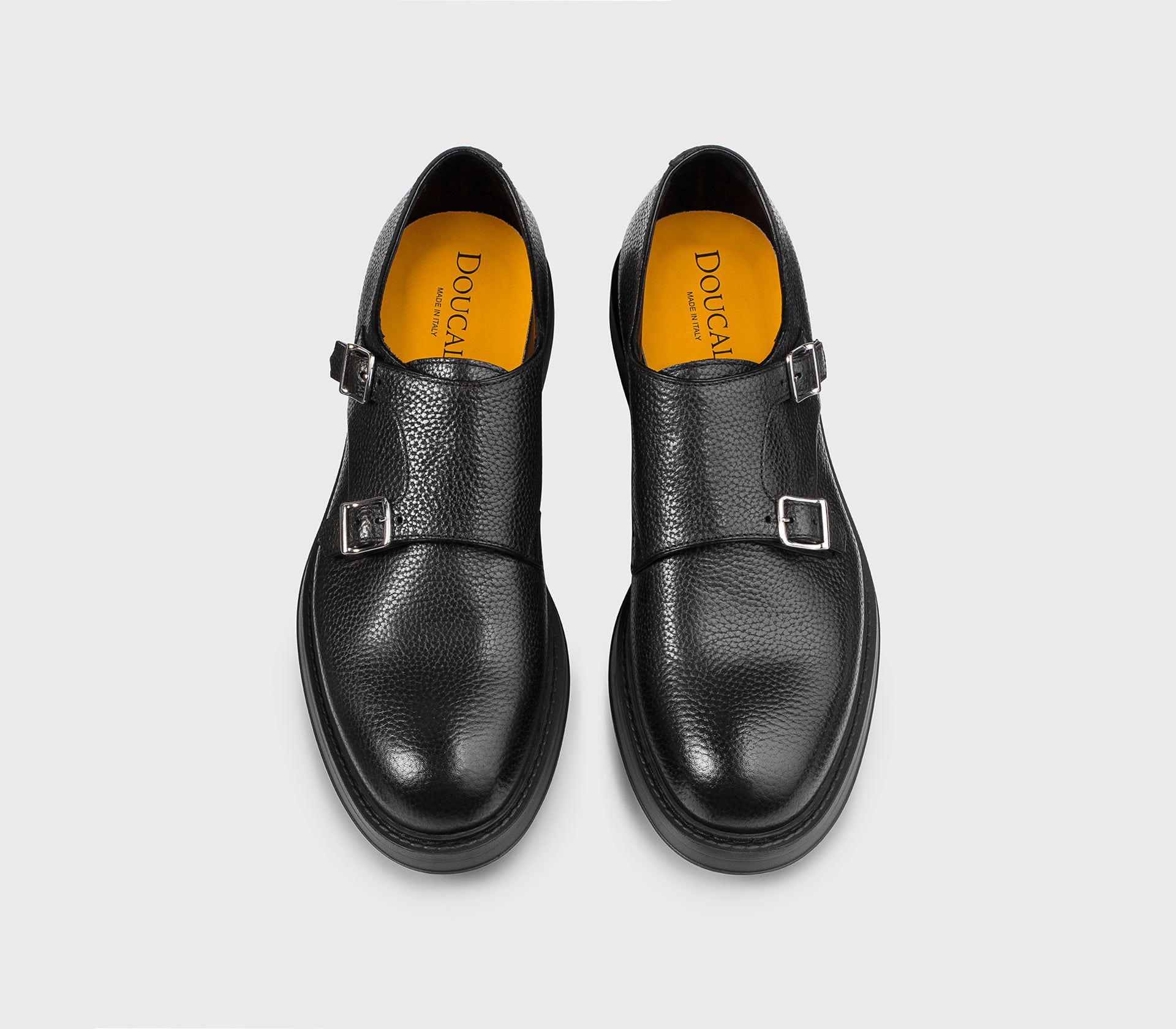 Charcoal grey tumbled leather double-buckle shoe.