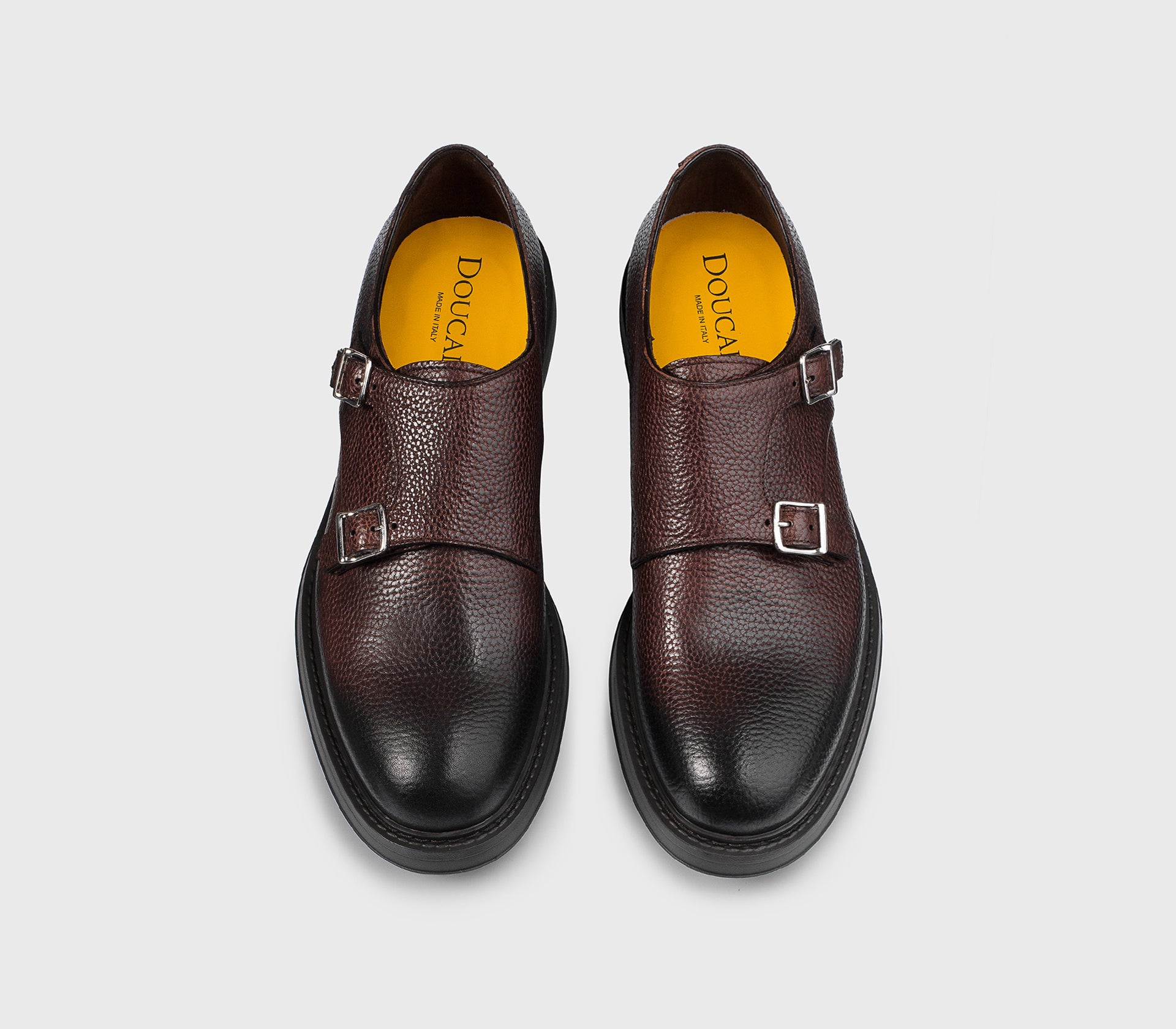 Burnt brown tumbled leather double-buckle shoe