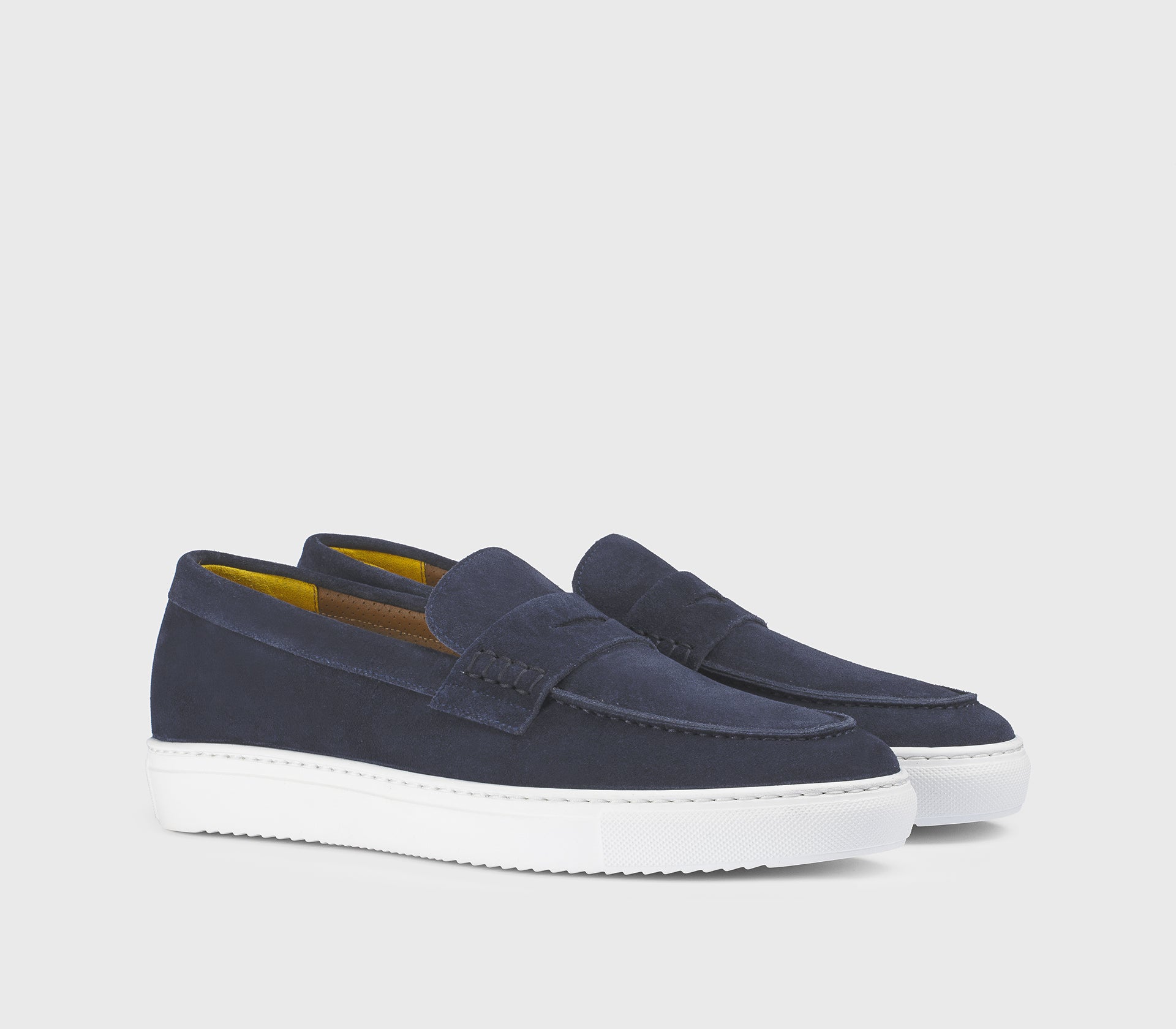 Blue suede slip-on loafer with vamp