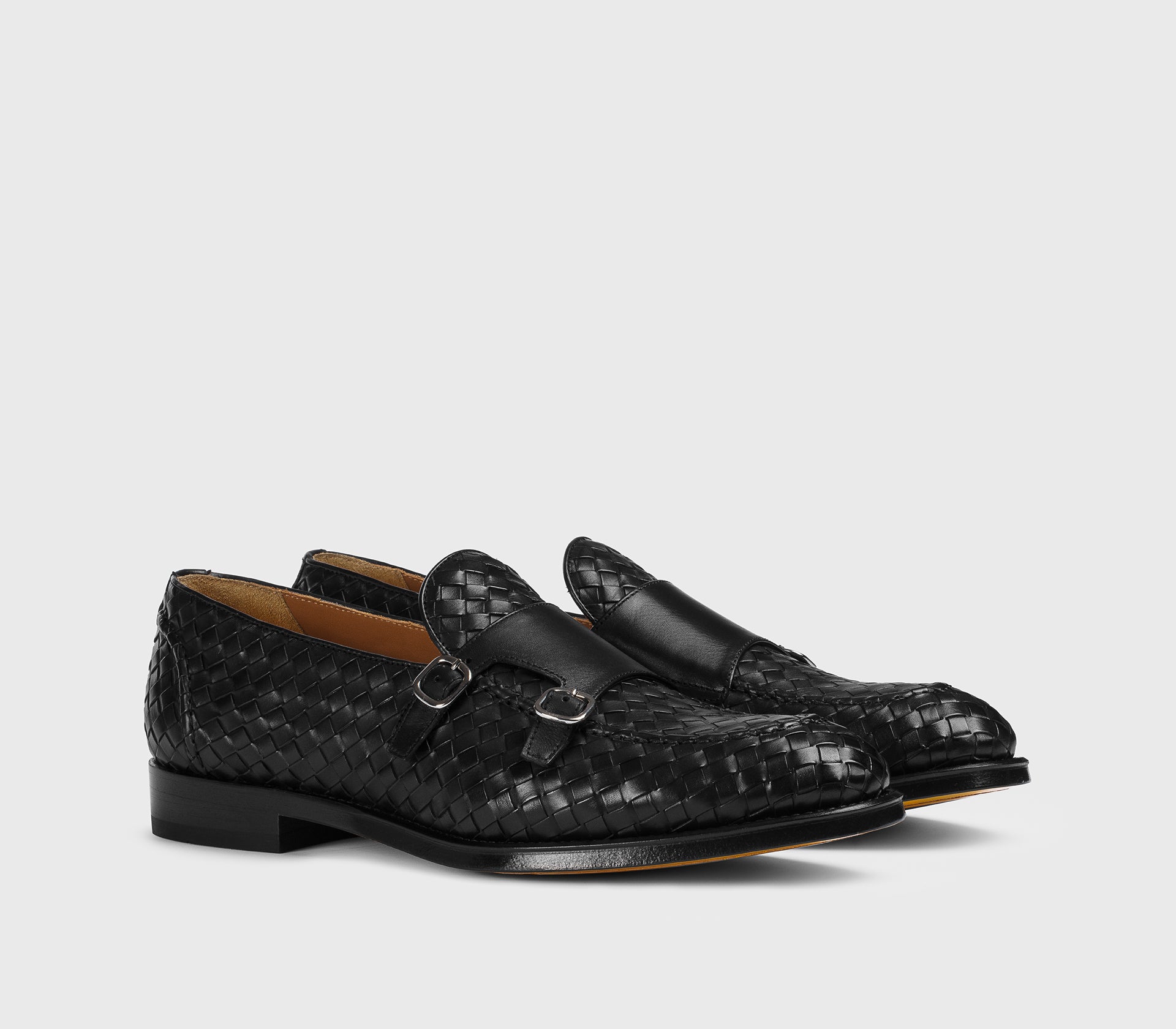 Black woven leather double-buckle loafer