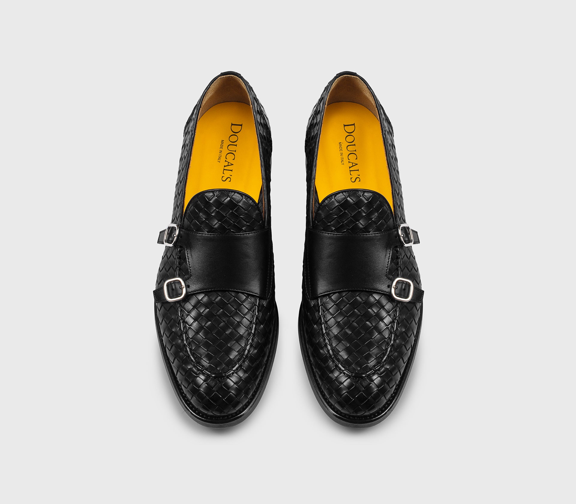 Black woven leather double-buckle loafer