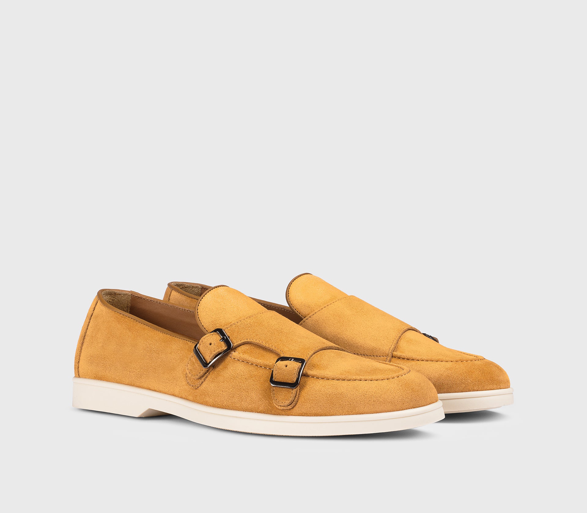 Honey-coloured suede double-buckle loafer