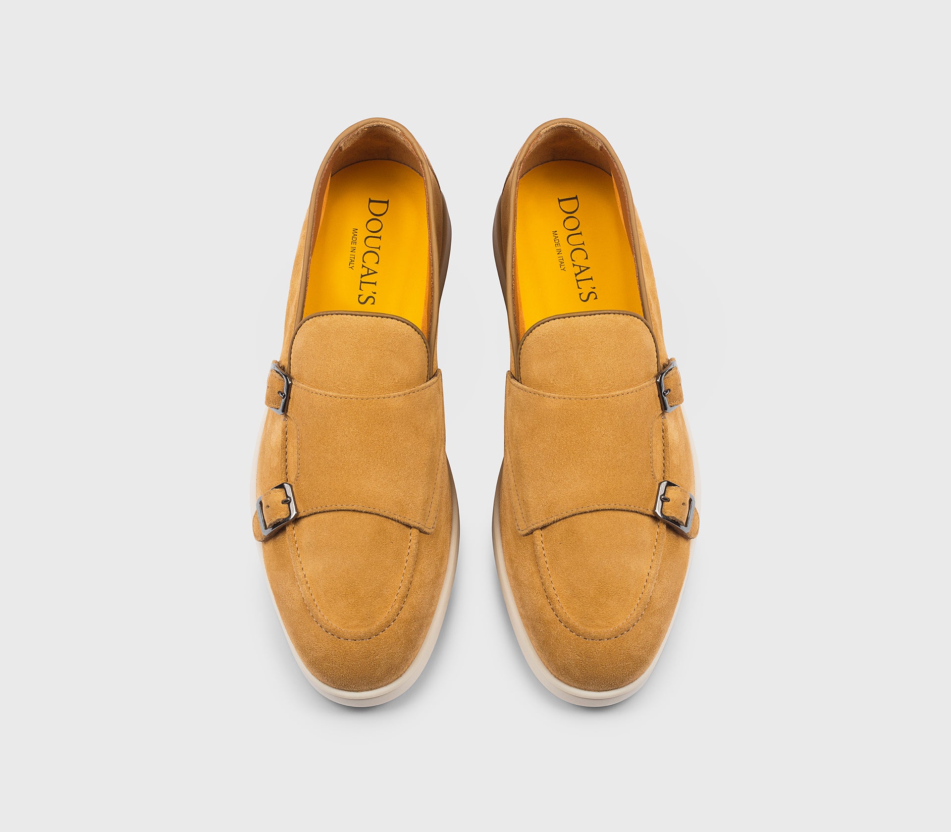 Honey-coloured suede double-buckle loafer